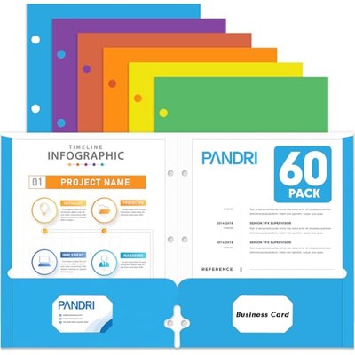 Two Pocket Portfolio Folders,  60 Pack 3 Hole Punched 2 Assorted 6 Colors