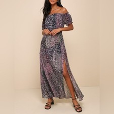 Lulus Neva Navy Blue Micro Floral Print Off-the-Shoulder Flowy Maxi Dress Size S