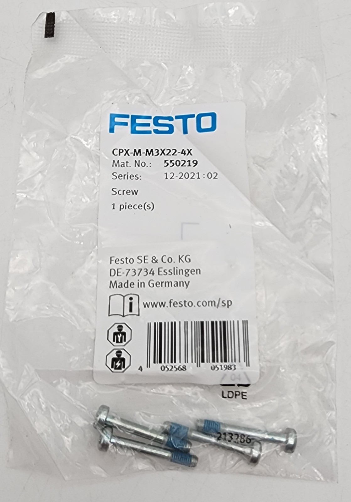 FESTO CPX-M-M3X22-4X 550219 (4 PACK SCREWS) FESTO CPXMM3X224X *EXP AVAILABLE*