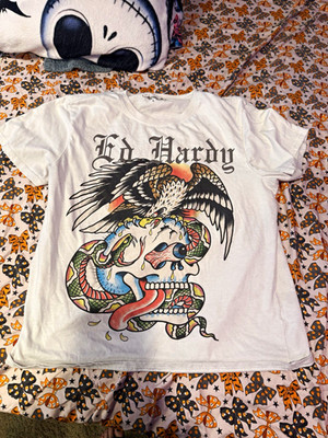 Ed Hardy Men s White Cotton Graphic Skull Snake Logo Tee Crew Neck L/XL
