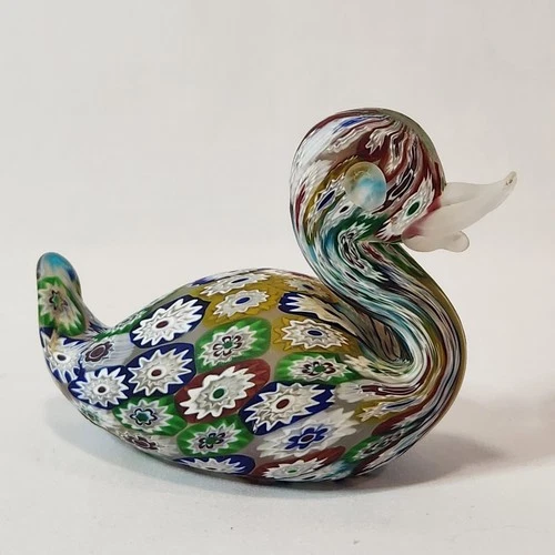 Murano Millefiori Art Glass Duck Figurine Frosted Satin Italy 4.5"H