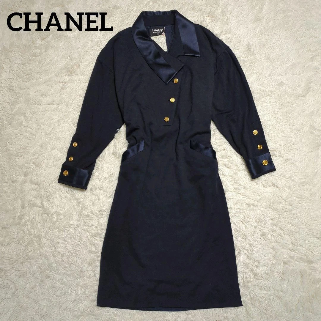 Chanel — CHANEL Silk Blend Long Sleeve Dress Gold Button Navy Size 38 Women's  SR2171