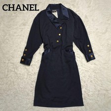 CHANEL Silk Blend Long Sleeve Dress Gold Button Navy Size 38 Women's  SR2171