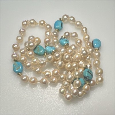 Baroque Pearl & Turquoise Beaded Necklace 18k Yellow Gold pieces . No clasp.  