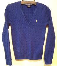 Ralph Lauren Sport ROYAL BLUE CABLE V Neck Sweater Logo M