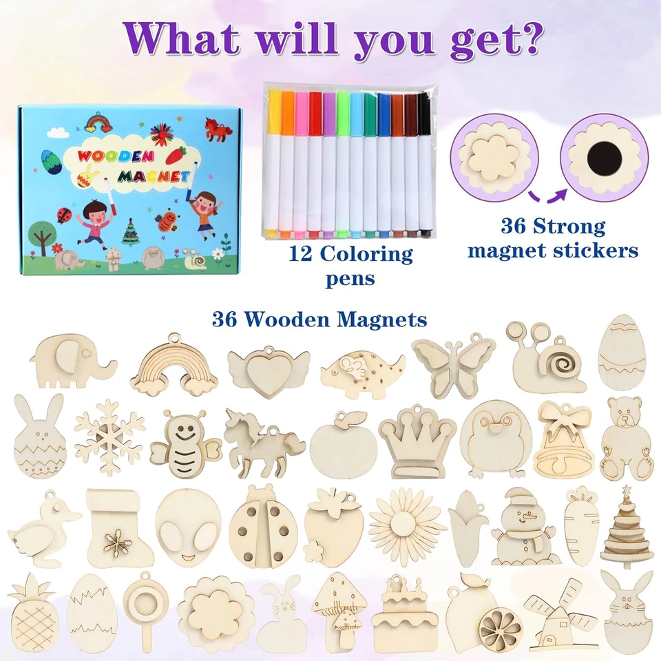 DIY Wooden Magnets, 36 Pcs Wooden Art Craft Supplies Painting Kit for Kids Party - Image 2 of 4