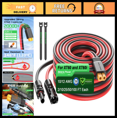 50Ft 10AWG Solar Extension Cable XT60 Adapter for LiFePO4 Battery & RV Power