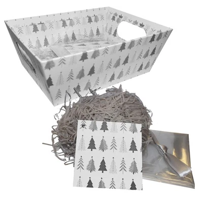 GEM IMPORTS LTD Kit Cesto Cesto Natalizio Confezione Regalo Sacchetto Riempimento Nastro ed Etichetta Alberi Argento