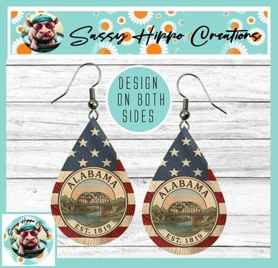 Earrings Teardrop Silver Hook Backs Alabama Established 1819 USA Flag Patriotic