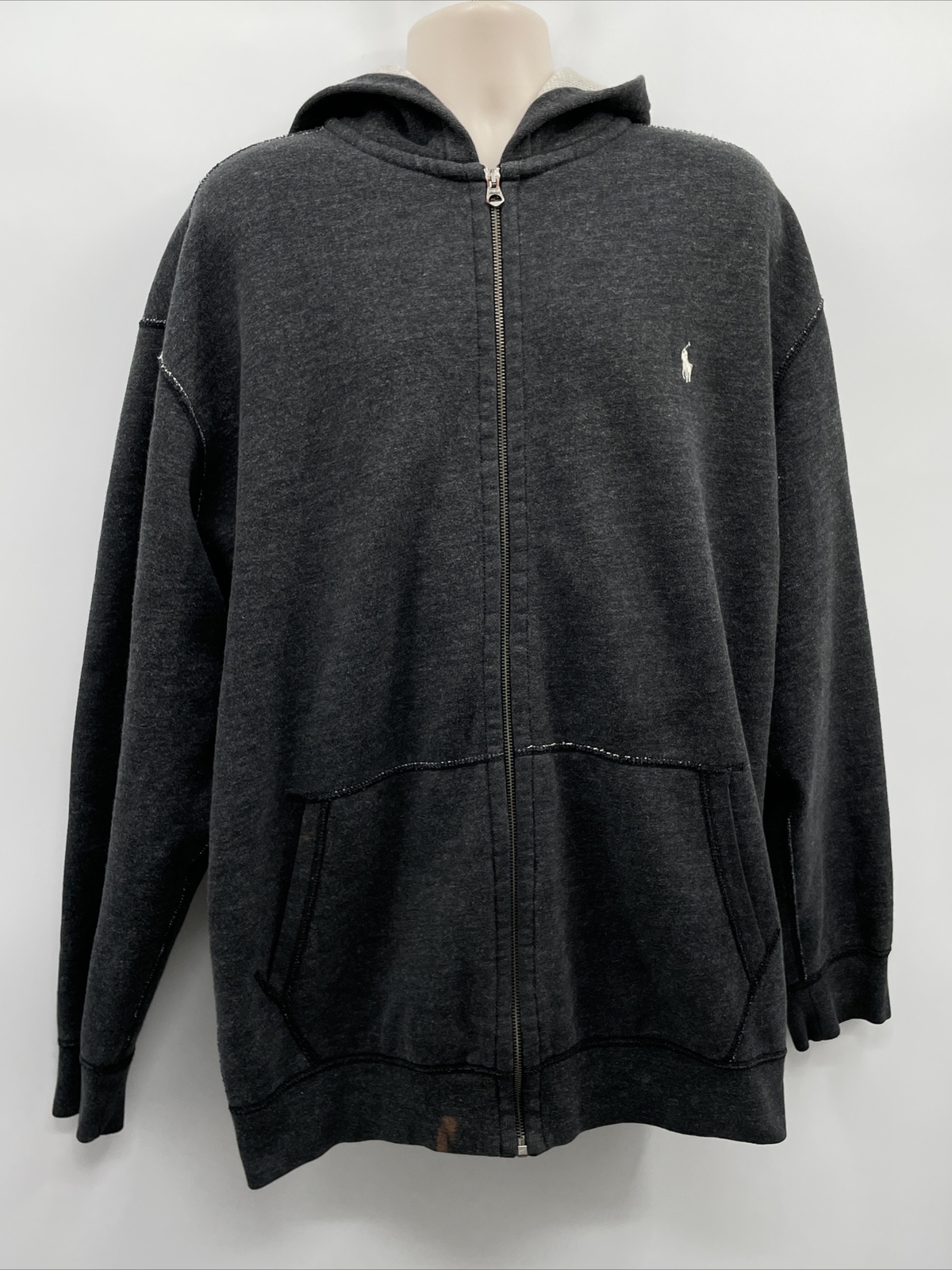 Felpa con cappuccio pony Polo Ralph Lauren da uomo grigia cerniera intera anteriore a costine taglia 2XL