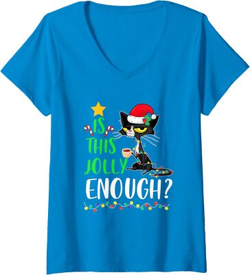 Is This Jolly Enough Black Cat Merry Christmas Tree Ladies' V-Neck Tshirt