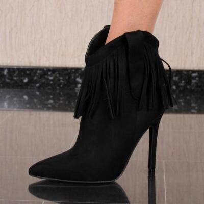 Damen Velours Stiefeletten mit Stilettoabsatz & Fransen Schwarz #8234