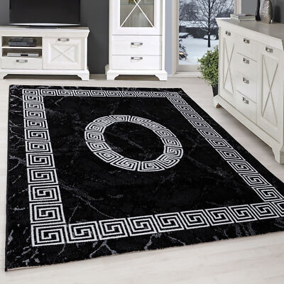 Kurzflor Teppich Design Griechisches Ornament Muster Troja Grau Schwarz Meliert