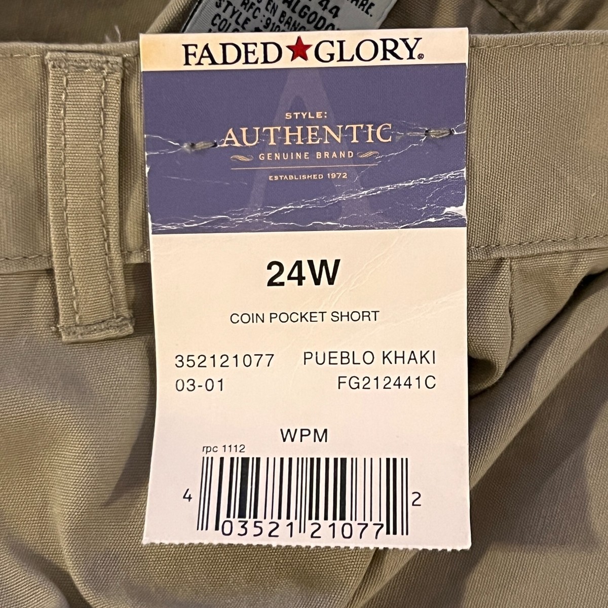 Short Chino Femme Faded Glory, Taille 24W, Couleur Kaki, Taille Haute, Poches, Occasion