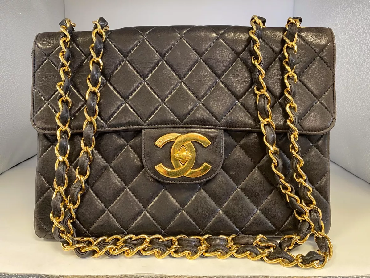 Authentic CHANEL Double Flap Black Quilted Leather Gold Chain Shoulder Bag