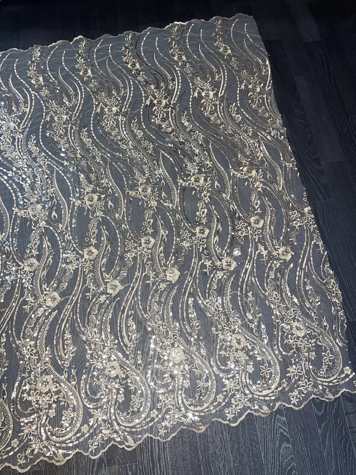 1m Gold Sequin Embroided  Double Boarded Scalloped Bridal lace Fabric 55” new - Image 4 of 4