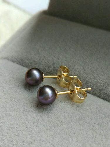 Charming AAA 3-4mm South sea black round Pearl earring 14K - Picture 1 of 6