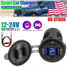 12V-24V PD + QC3.0 Dual USB Car Fast Charger Power Socket Outlet LED Voltmeter