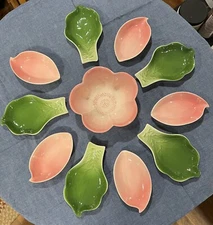 Vintage I. Godinger & Co Appetizer Set w/ Box - Pink Flower Bowl w/ Green Petals