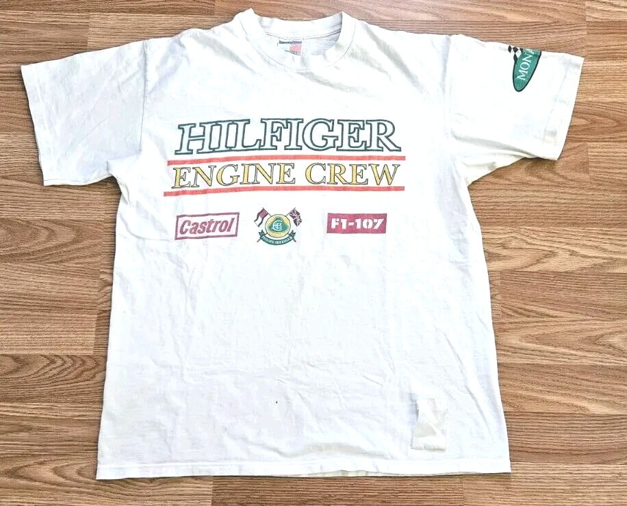 Rare Vintage 90s Tommy Hilfiger F-1 Racing Engine Crew T-Shirt Single  Stitch L