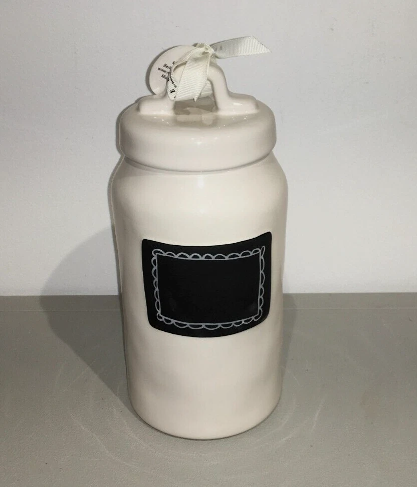 RAE DUNN "TAKE NOTE" CANISTER WITH TWIST OFF LID GLOSS WHITE (NEW)