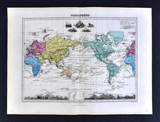 Mappa dei piccioni 1877 - Planisfero mondiale America Europa Africa Asia Alture delle montagne