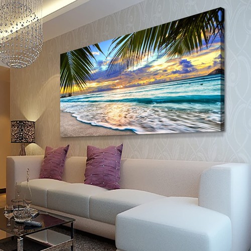 Beach Canvas Wall Art – 40x20 Inch Ocean Seascape Painting With Palm Trees, Modern Coastal Decor For Home