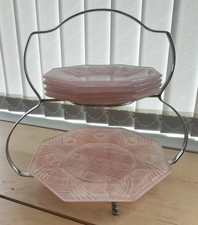 Art Deco Style Glass & Chrome Cake Stand 2 Tier 1x Serving Plate & 4 Side Plates