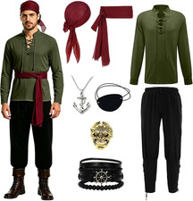 Men's Pirate Costume Includes Renaissance Lace Up Shirt Pants Accessories for