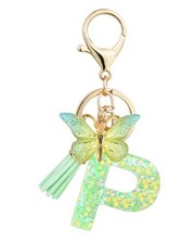 Initial Letter Keychain for Women Tassel Butterfly Pendant Key Letter P Green