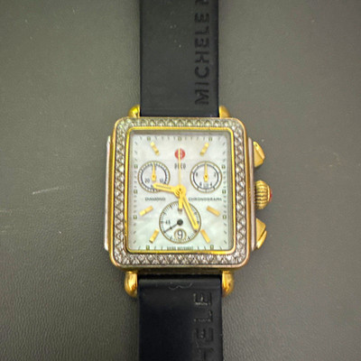 MICHELE Deco Diamond Bezel Chronograph Quartz Watch Black Rubber Strap 50m