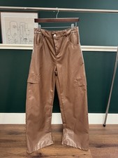 Brown Faux Leather Cargo Pants Wide Leg High Rise Y2K Streetwear Utility