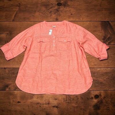 NEW Talbots Plus Size 1X Coral Linen Blend Roll Tab Sleeve Tunic Top Summer Cool