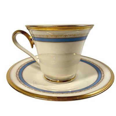 LENOX ''Memories'' Fine China Tea Cup and Saucer Set Blue Band Gold Trim USA