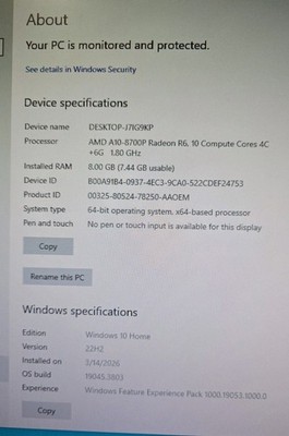 Dell Desktop PC AMD A10-8700P 1.8GHz 8GB RAM 1TB HDD Windows 10 Radeon R6 WiFi