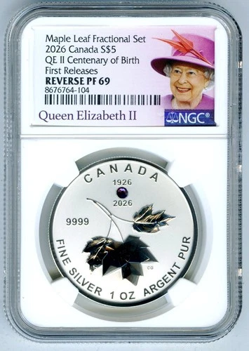 2026 $5 1 OZ SILVER CANADA QEII CENTENARY MAPLE LEAF NGC PF69 REVERSE PROOF - FR