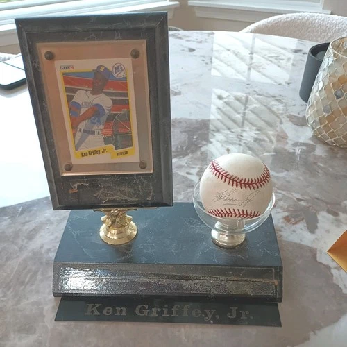 Ken Griffey Jr Signed Baseball and Fleer 90 Rookie Card COA