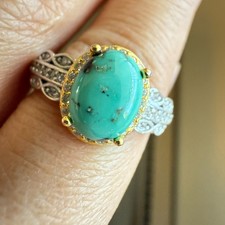 925 Sterling Silver Ring 7x5mm Natural Turquoise Gemstone Zircon Women Jewelry