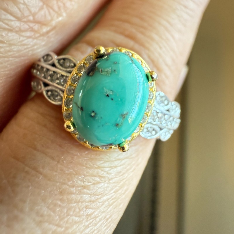 925 Sterling Silver Ring 7x5mm Natural Turquoise Gemstone Zircon Women Bridal