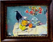Framed Surrealist Oil Painting Still Life With Crow 18”x24” Canvas Original BVC