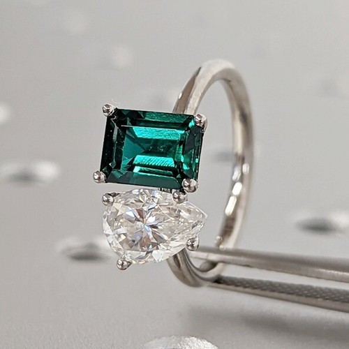 Green Emerald & Pear Moissanite Toi Et Moi Engagement Ring 14K White Gold Plated - Picture 2 of 10