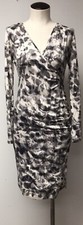 BANANA REPUBLIC BEIGE & GRAY ABSTRACT STRETCH JERSEY KNIT RUCHED FAUX WRAP DRESS