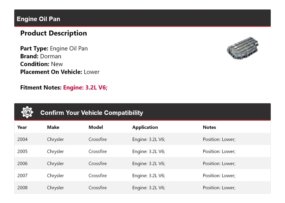 Para Chrysler Crossfire 2004-2008 3,2 L V6 motor Dorman cárter de aceite inferior 2005 2006 Foto 2 de 4