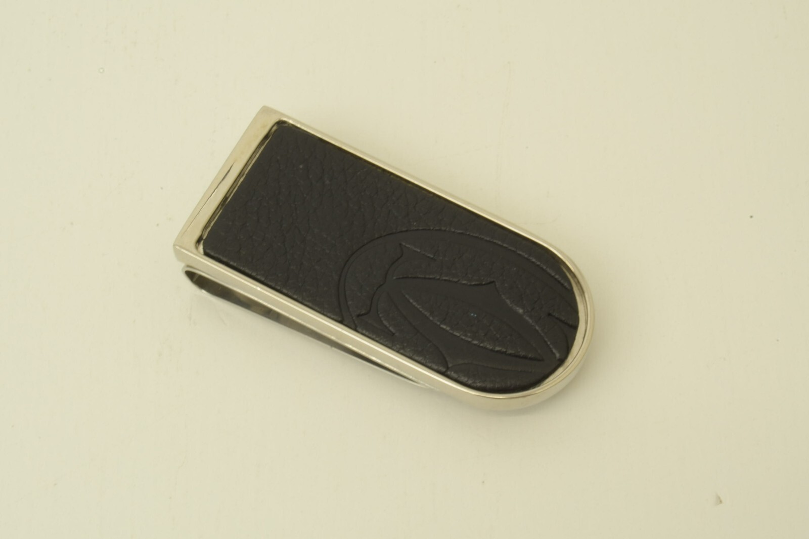 Authentic Cartier Double C Decor Logo Money Clip SS Black Leather Accessory