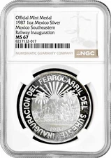 Mexico silver medal 1987, NGC MS67, "Southeastern Railway Inauguration" Pop 1/1