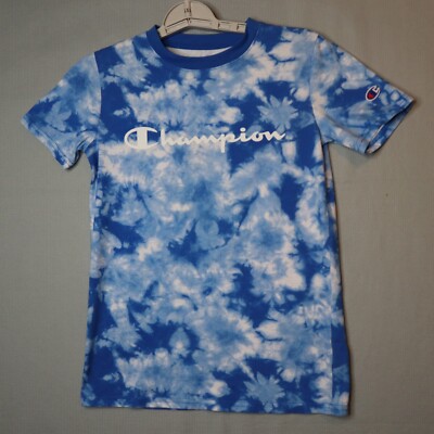 Champion T Shirt Youth Medium Tie Dye Sky Cloud Blue White AOP Spellout Y2K  Vibe