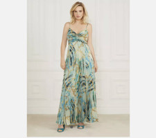 Guess By Marciano Pleated Maxi Dress Womens Size 8 Cruise Chain Print New