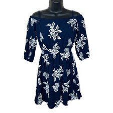 Small Dark Blue White Embroidered Floral Peasant Boho Dress Cold Shoulder