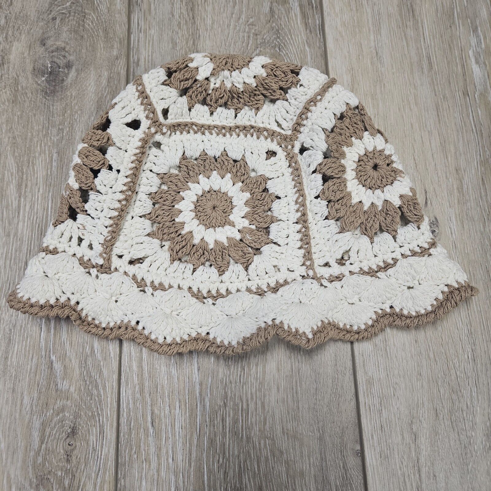 BP Crochet Bucket Hat Granny Square Flower Off White Brown Women's One Size 