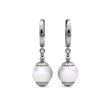14K Solid White Gold Freshwater Pearl Huggie Hoop Dangle Earrings